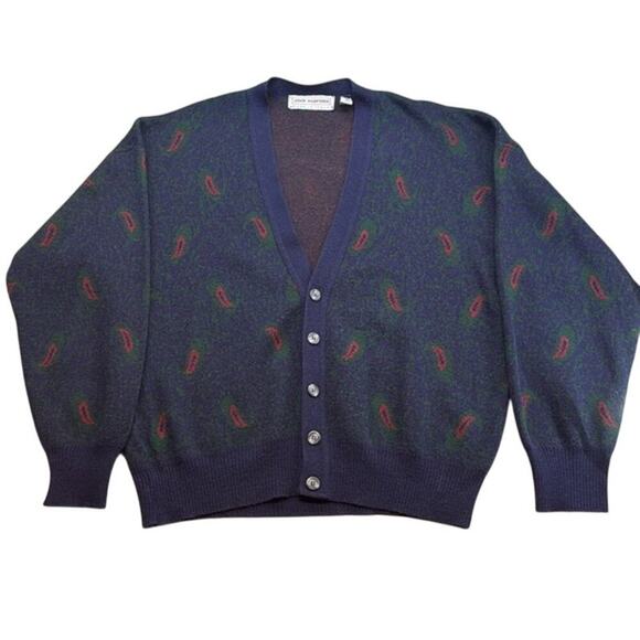 Men's Vintage John Ashford Blue Red Paisley Grandpa Button Down Sweater Size L - Picture 1 of 6